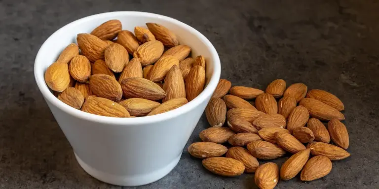 Raw almonds in a white cup and a pile of almonds on a dark surface.
