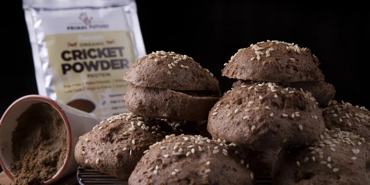 Dark brown sesame-topped biscuits with a bag labeled Cricket Powder visible in the background.