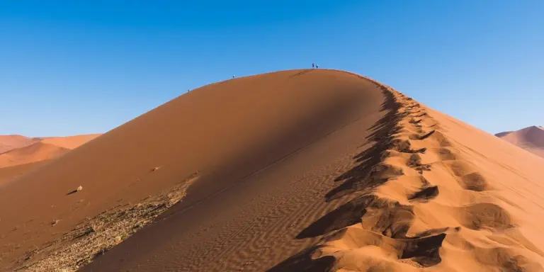 Golden desert sand dune under a clear blue sky
