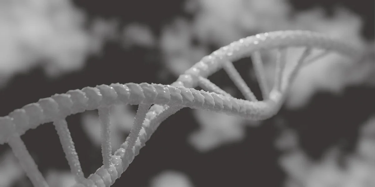 Close-up grayscale image of a DNA double helix with a blurred background