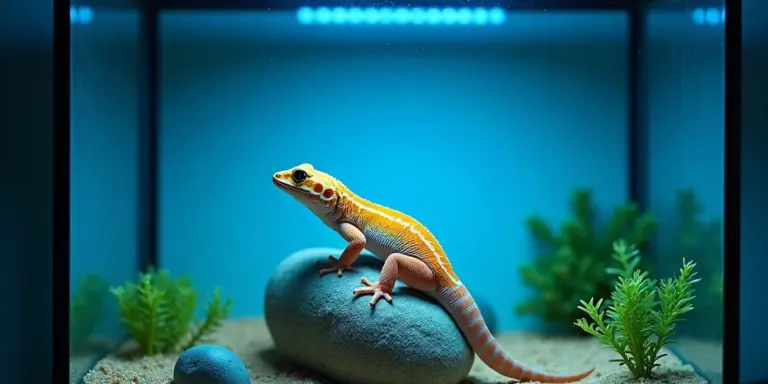 A gecko with orange and tan markings perched on a smooth gray rock inside a glass terrarium, blue lighting, and green plants in the background.