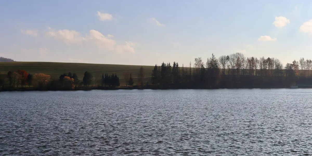 Calm lake with a tree-lined shore and a blue sky