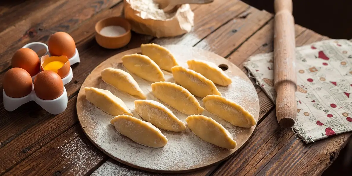 Rustic kitchen scene with a round wooden board of dumplings dusted with flour, a carton of eggs, a rolling pin, and a flour-dusted table.