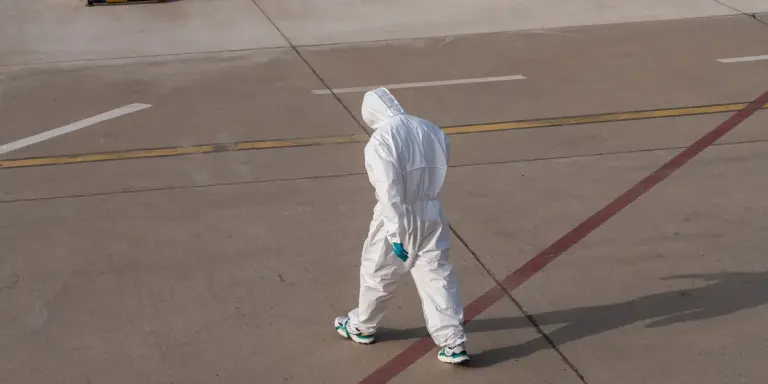 Person in a full white protective suit walking on a concrete tarmac